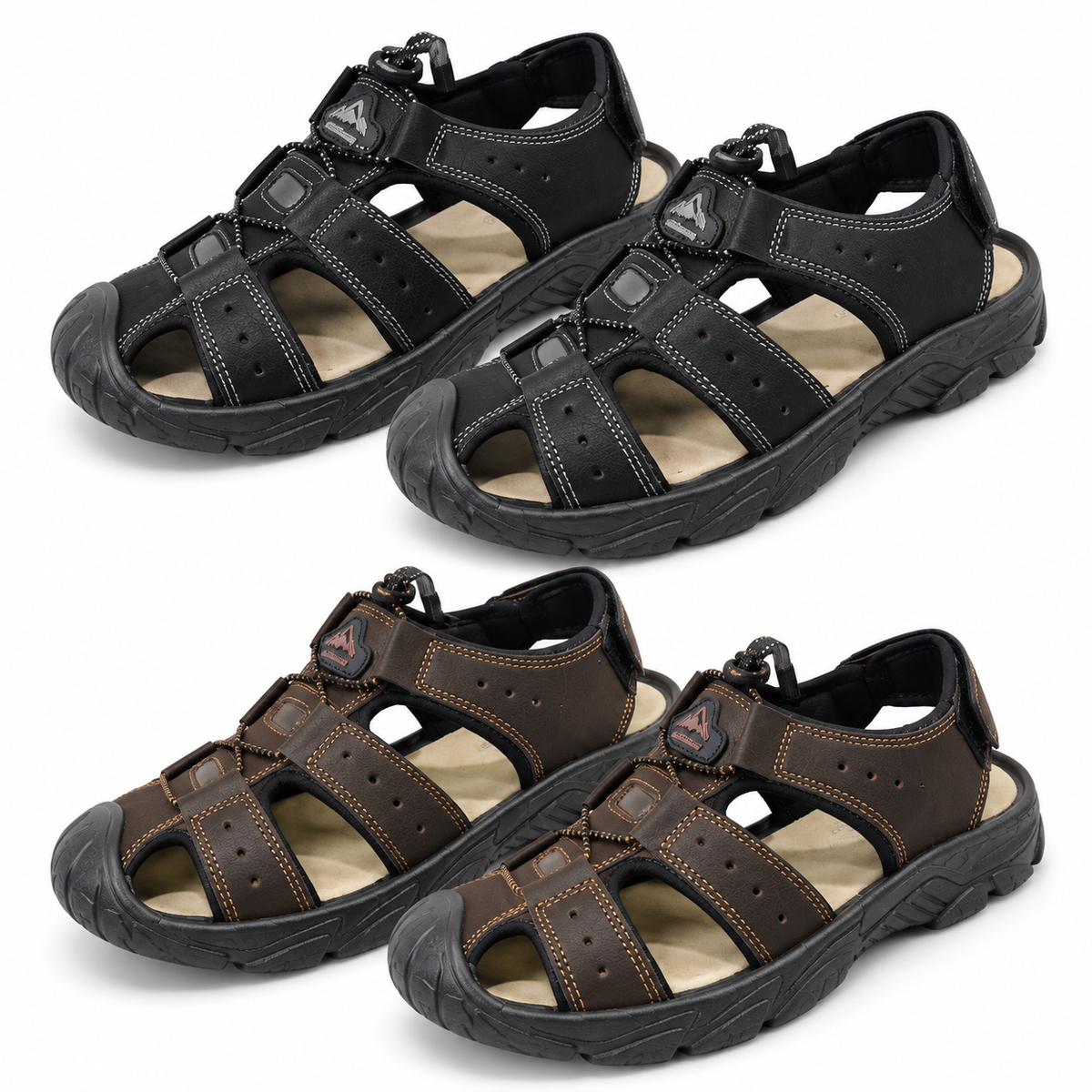STYLE 64001 men's closed-toe outdoor sandals in black and brown on white background