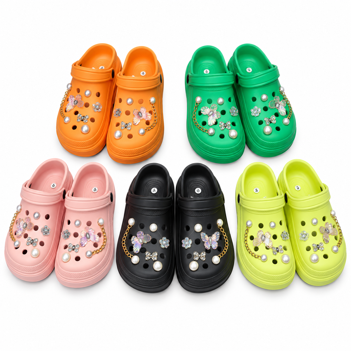 Style 6567 decorative garden clogs on white background
