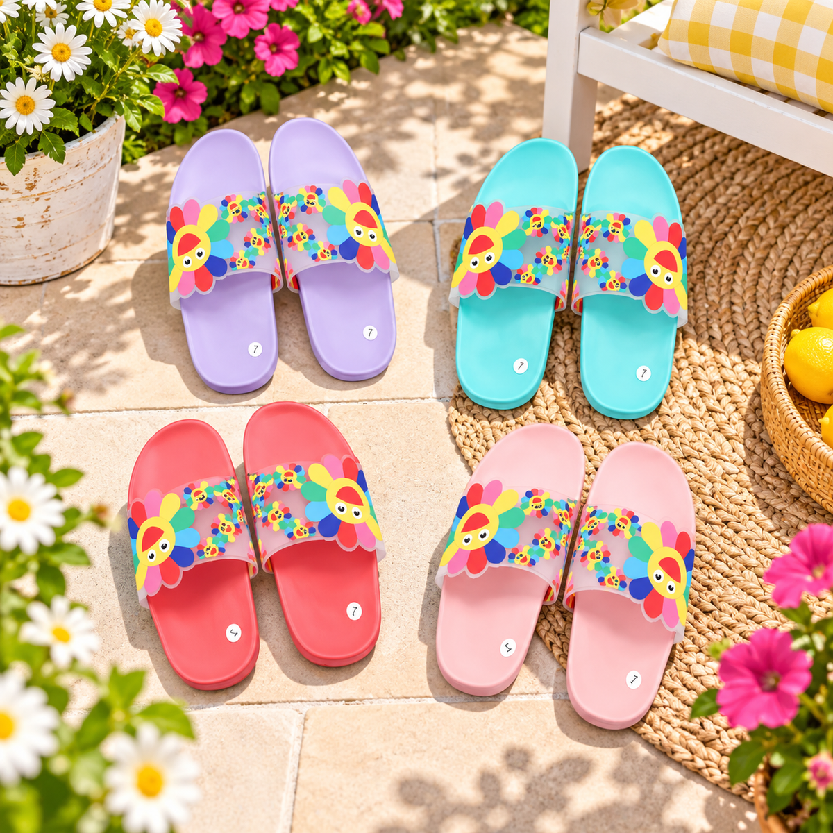 STYLE 8279 women's colorful floral slides in a garden patio scene