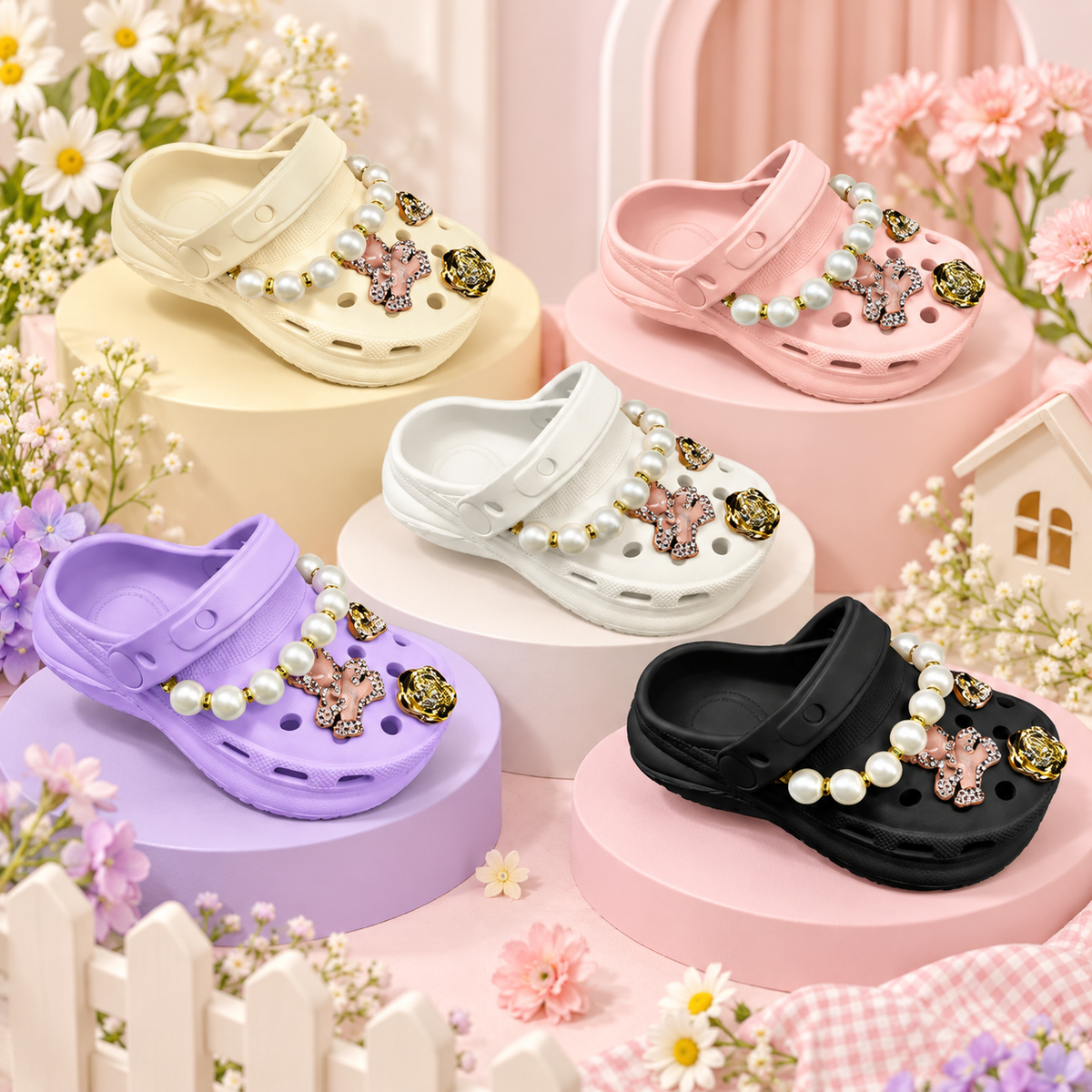 STYLE C258 kids pearl charm clogs in a boutique display