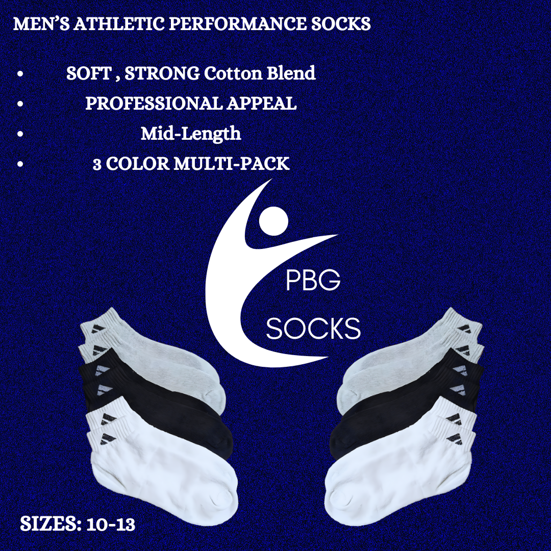 PBG Men's Socks 6 Pair Mid Length Athletic performance MultiPack Activewear 10-13