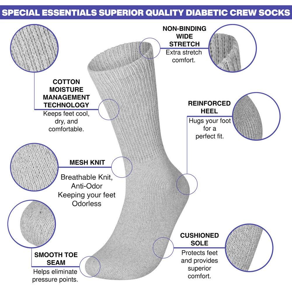 6 Pairs Physicians Approved Diabetic Crew Socks Unisex Black/Grey/White - PremiumBrandGoods