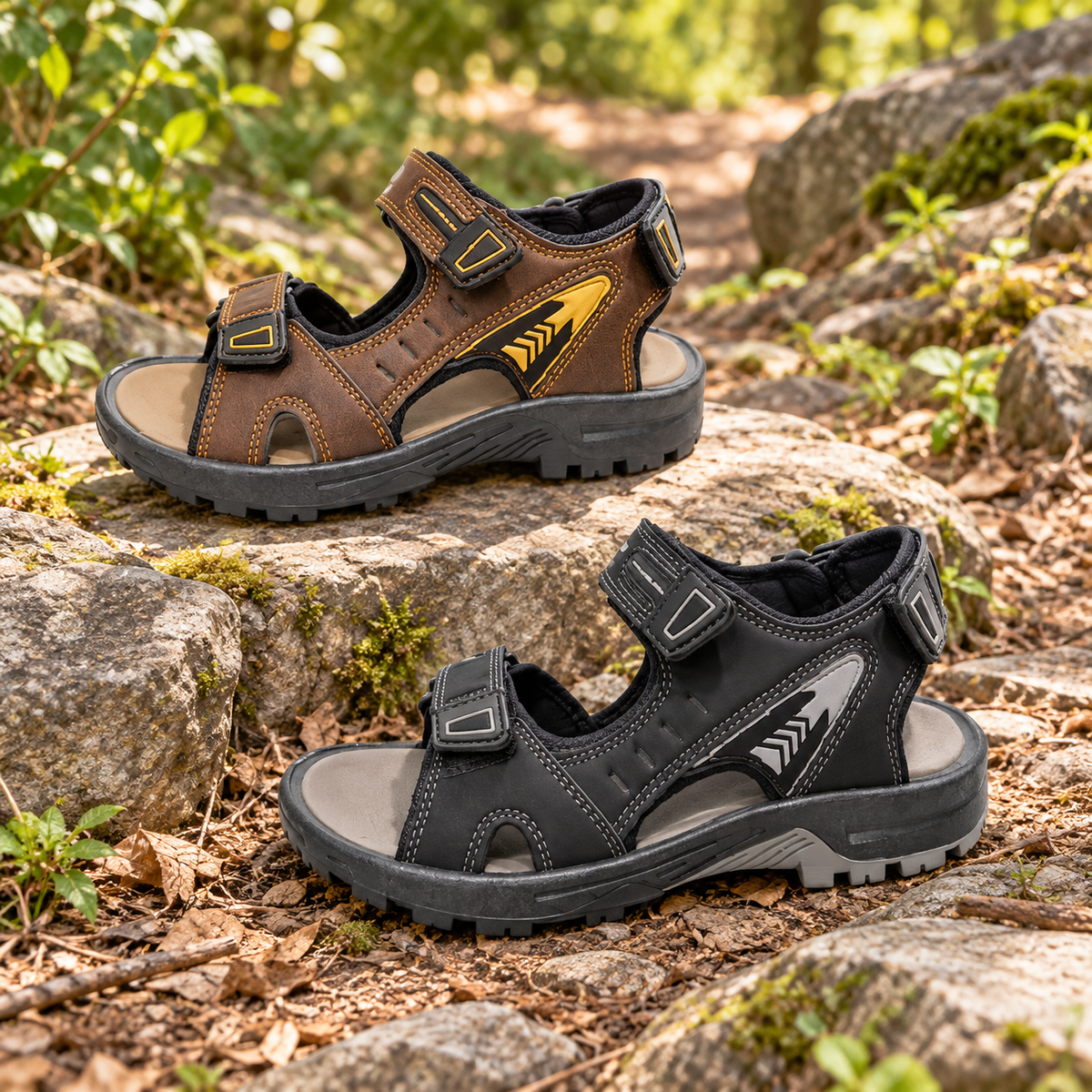 STYLE 64003 men's outdoor sandals on a woodland trail