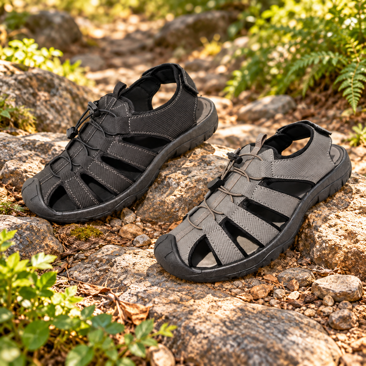 STYLE 64004 men's closed-toe outdoor sandals on a rocky trail