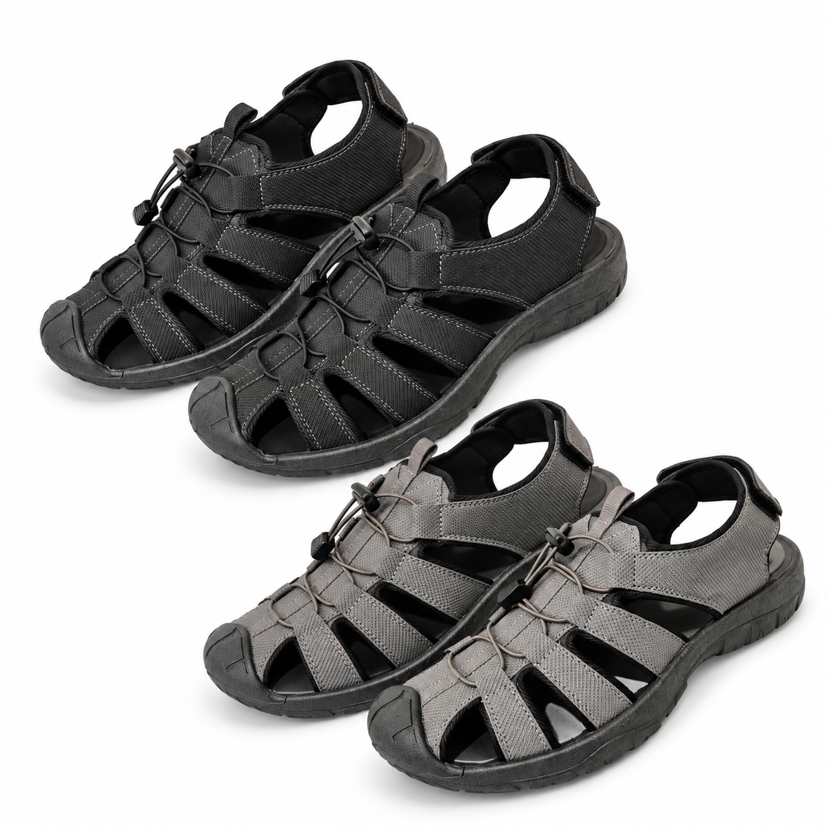 STYLE 64004 men's closed-toe outdoor sandals in black and gray on white background
