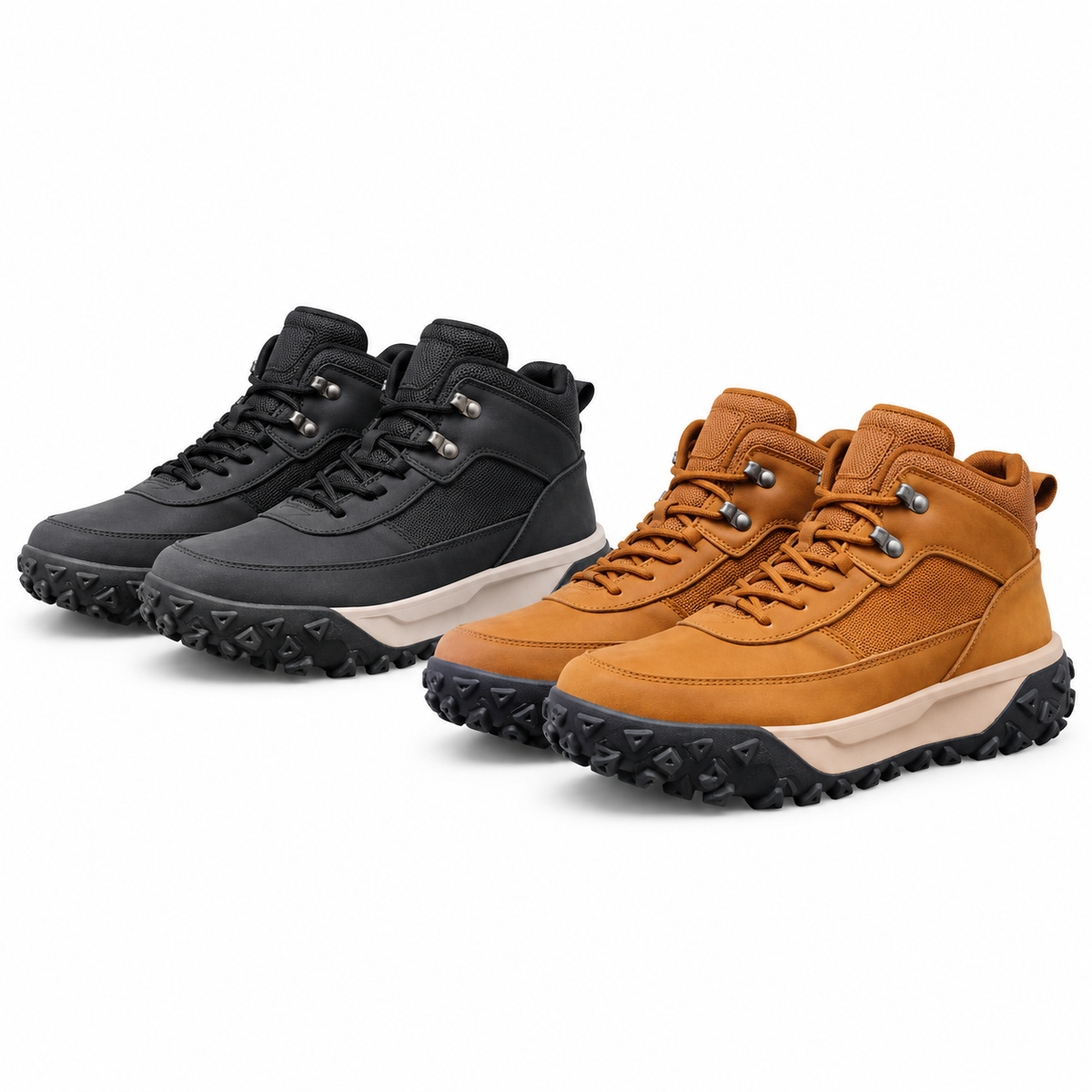 STYLE 7919 men's outdoor shoes in black and tan on white background