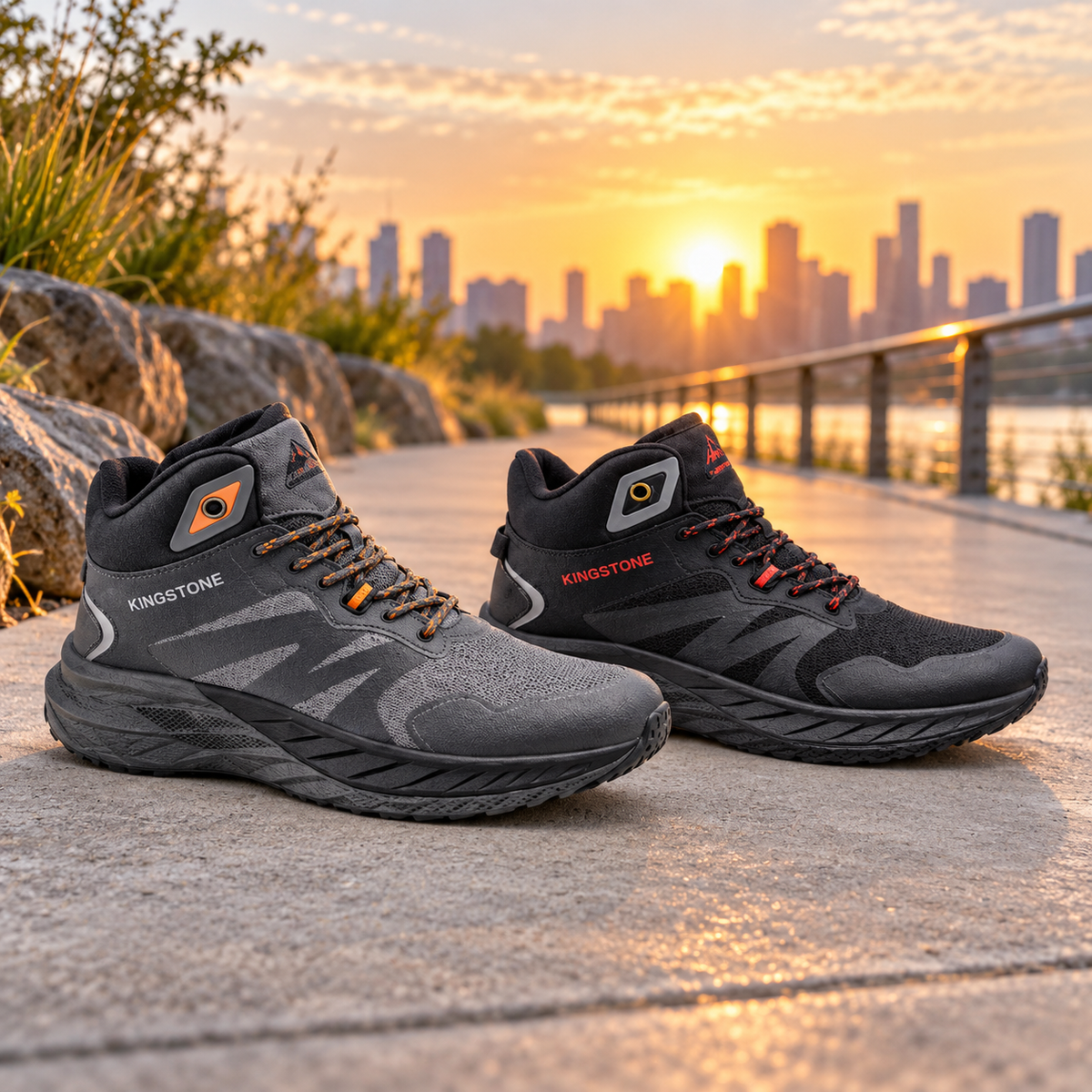STYLE 7920 men's athletic high-top sneakers on an urban path