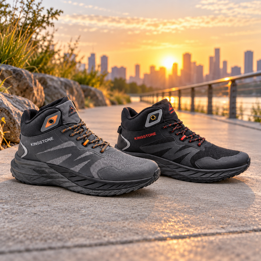 STYLE 7920 men's athletic high-top sneakers on an urban path