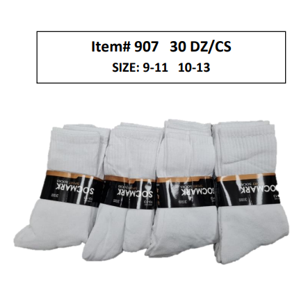 Style 907 - 12 Pair Unisex Crew Socks (9-11 , 10-13) (30 DZ/BOX)