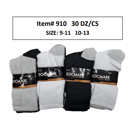 Style 910 - 12 Pair Unisex Crew Socks (9-11 , 10-13) (30 DZ/BOX)