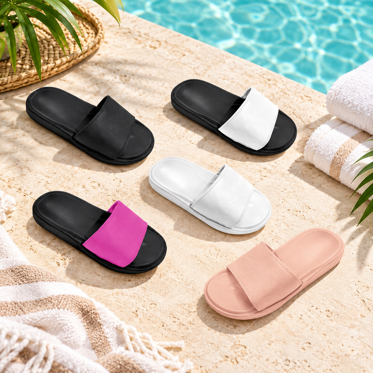 STYLE 9184 women's minimalist slides in a poolside scene