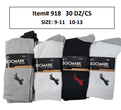 Style 918 - 12 Pair Unisex Crew Socks 9-11 , 10-13 (30 DZ/BOX)