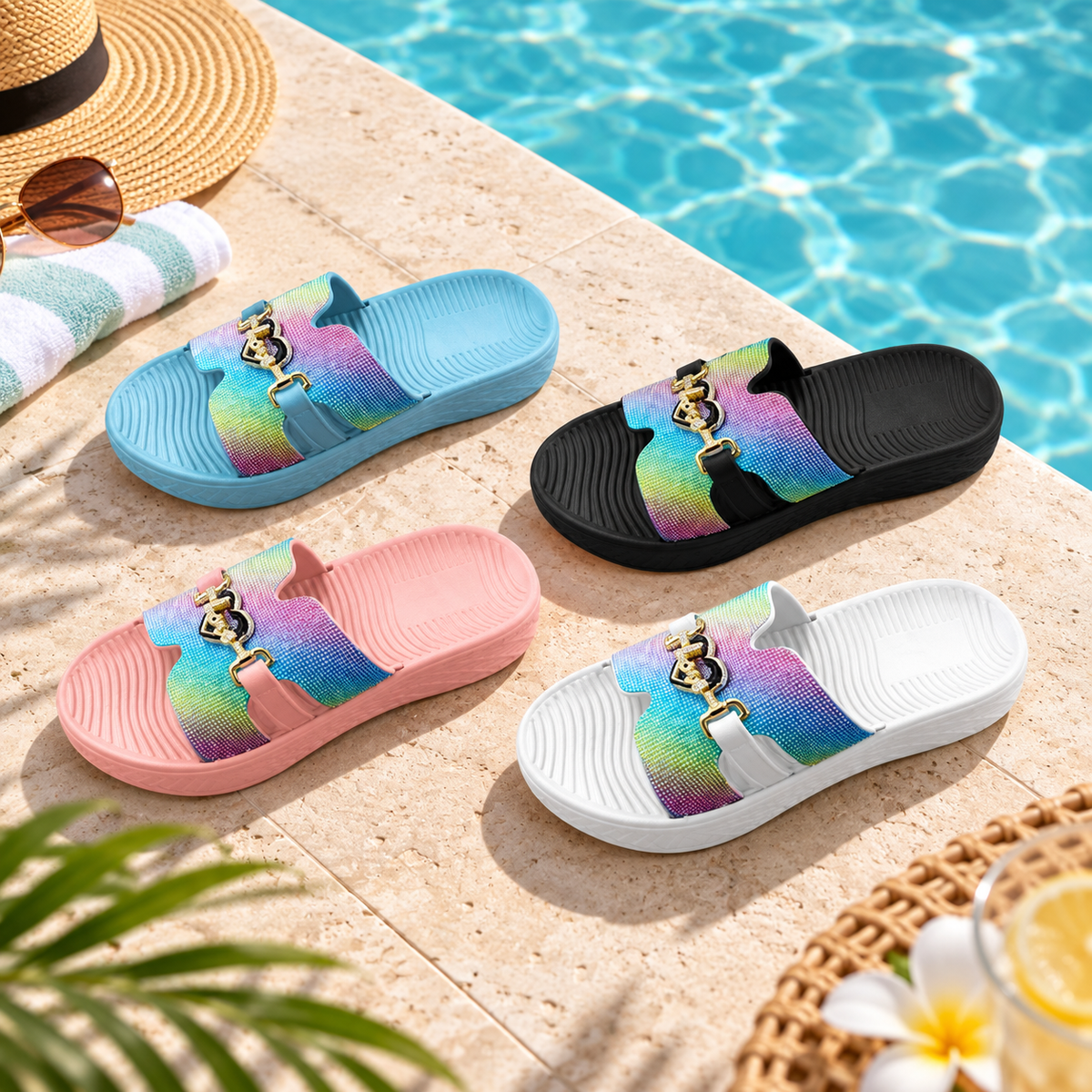 STYLE 95006 women's rainbow strap slides in a poolside scene