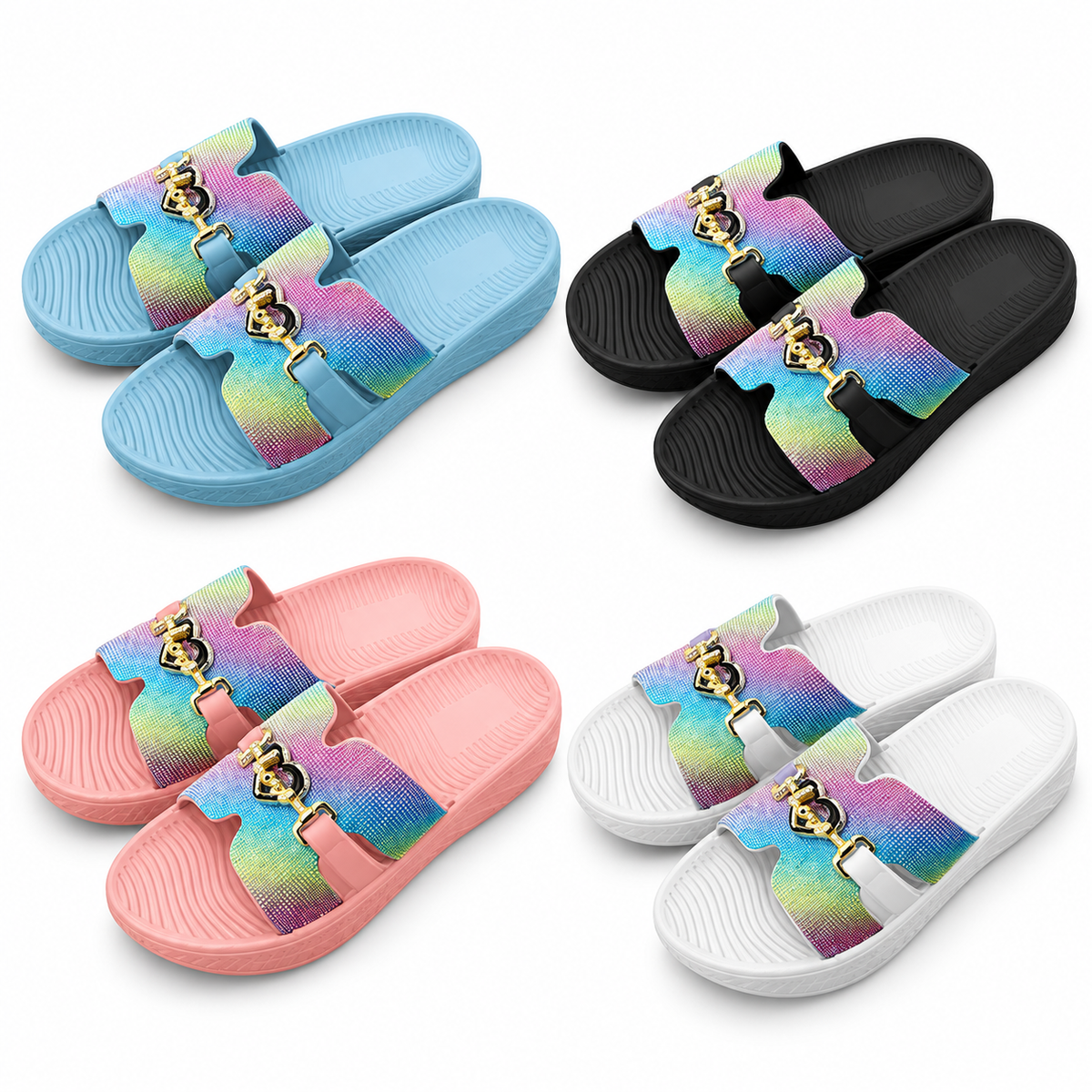 STYLE 95006 women's rainbow strap slides on white background