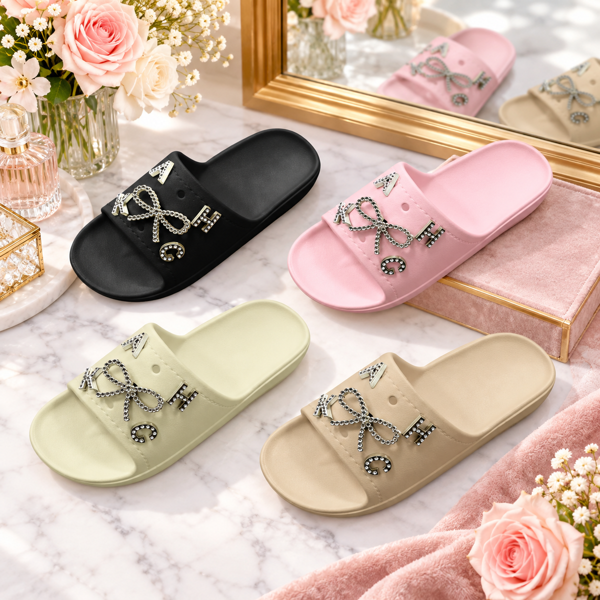 STYLE 95011 women's decorative slides in a boutique vanity scene