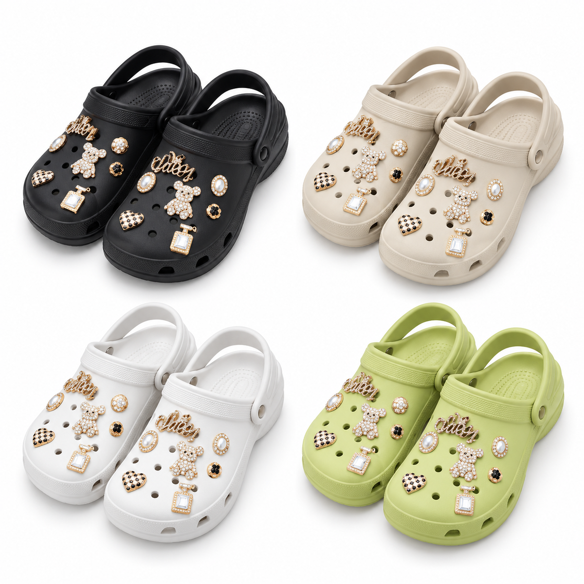 STYLE 95012 women's charm garden clogs in four colors on white background