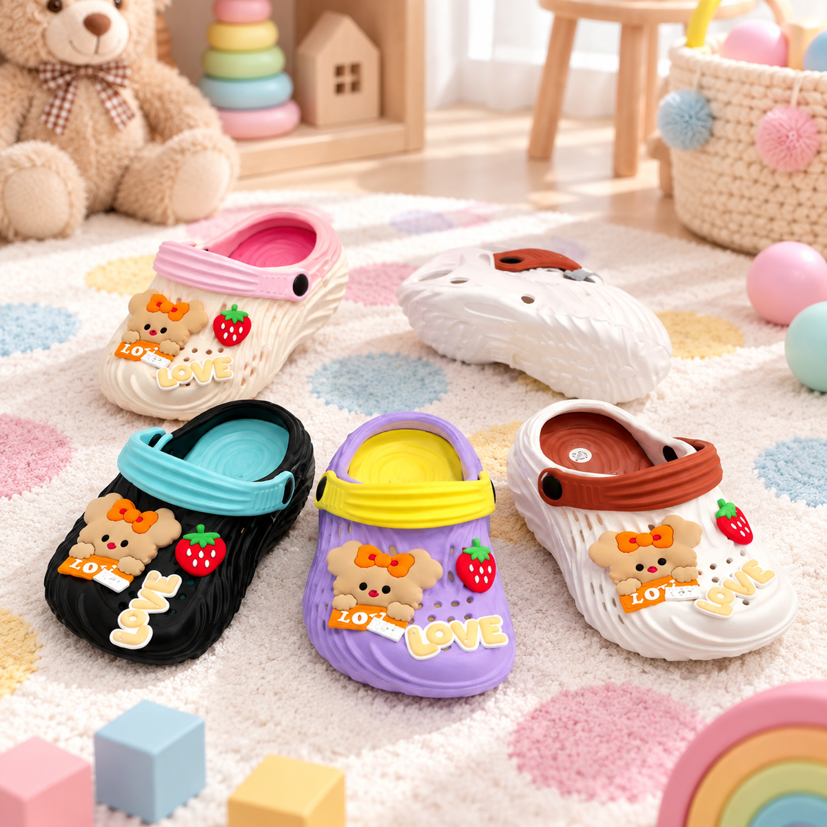 STYLE 95020 kids teddy bear garden clogs in a playroom scene