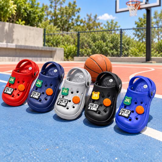 STYLE 95022 kids basketball garden clogs on a basketball court