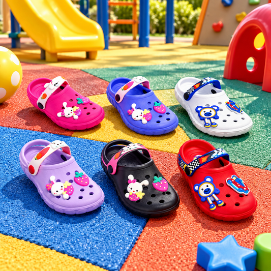 STYLE 95023 kids garden clogs in a playground scene