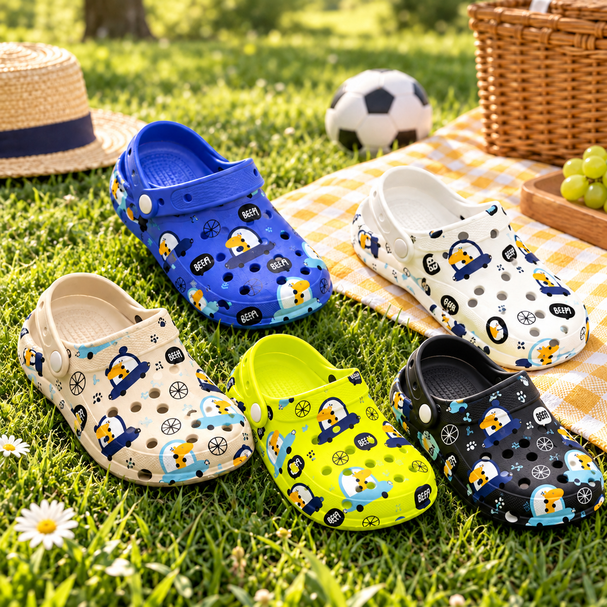 STYLE 95026 kids printed garden clogs in black beige blue lime and white in a park scene
