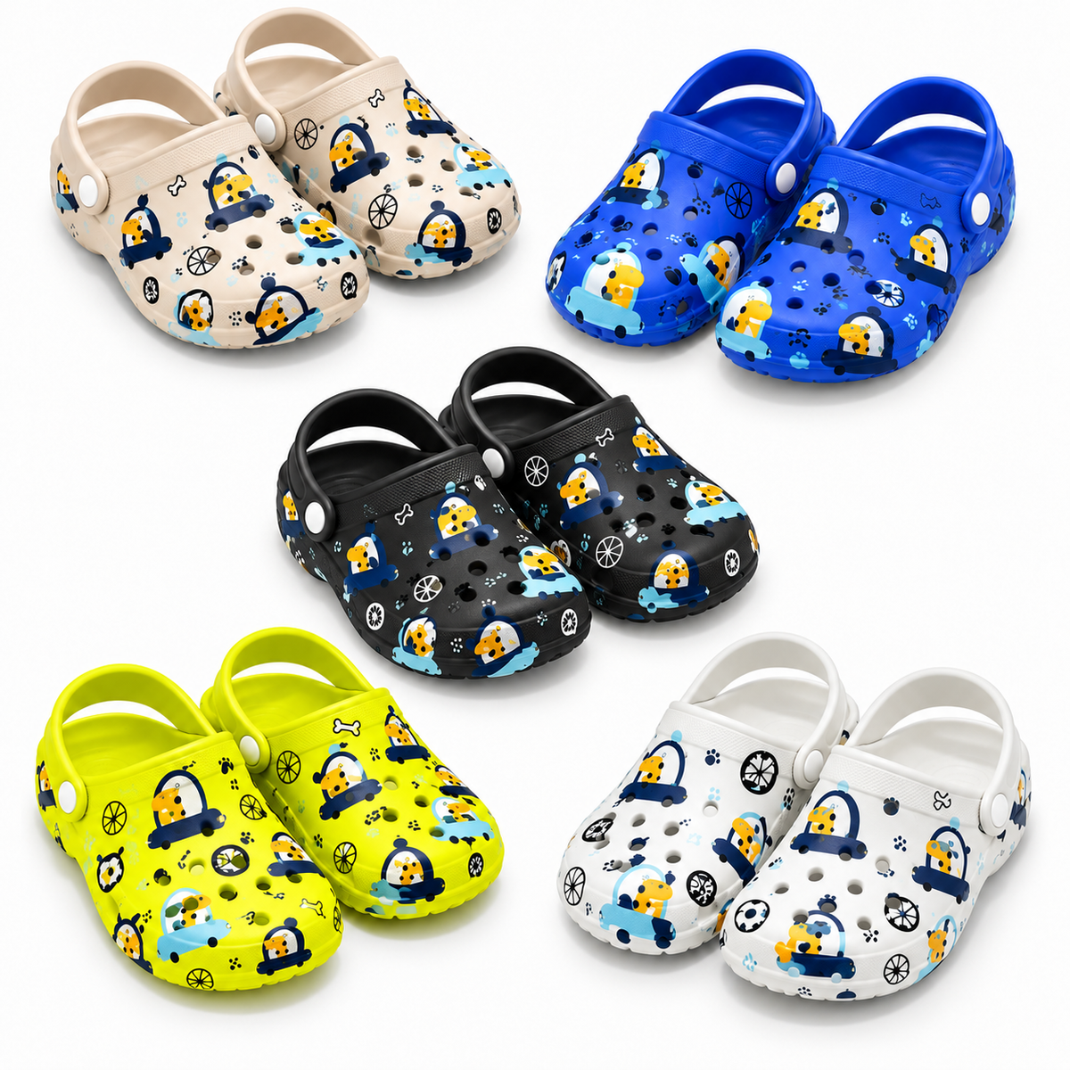 STYLE 95026 kids printed garden clogs in black beige blue lime and white on white background