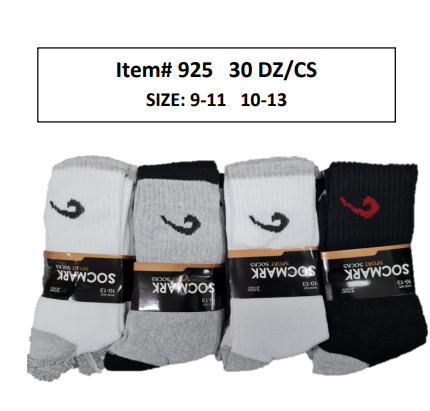 Style 925 - 12 Pair Unisex Crew Socks 9-11 , 10-13 (30 DZ/BOX)