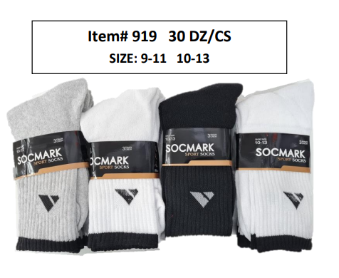 Style 919 - 12 Pair Unisex Crew Socks 9-11 , 10-13 (30 DZ/BOX)