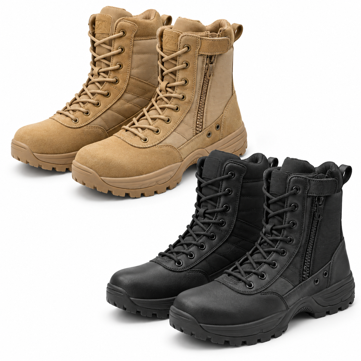 STYLE WK535 high-top military work boots in tan and black on white background