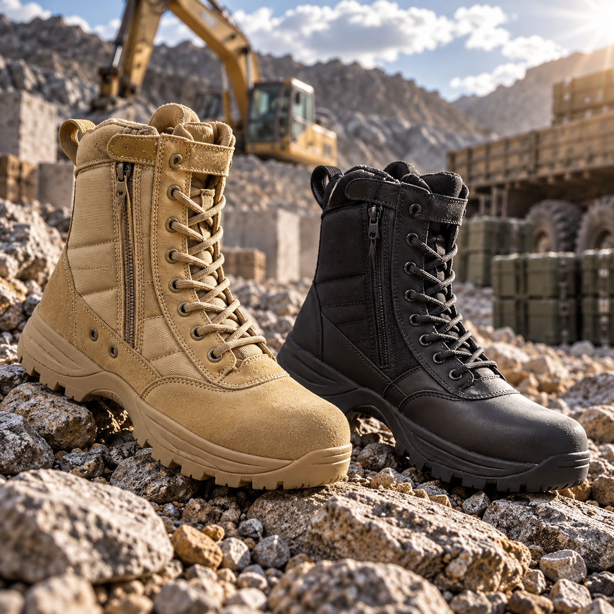 STYLE WK535 high-top military work boots at a rugged worksite