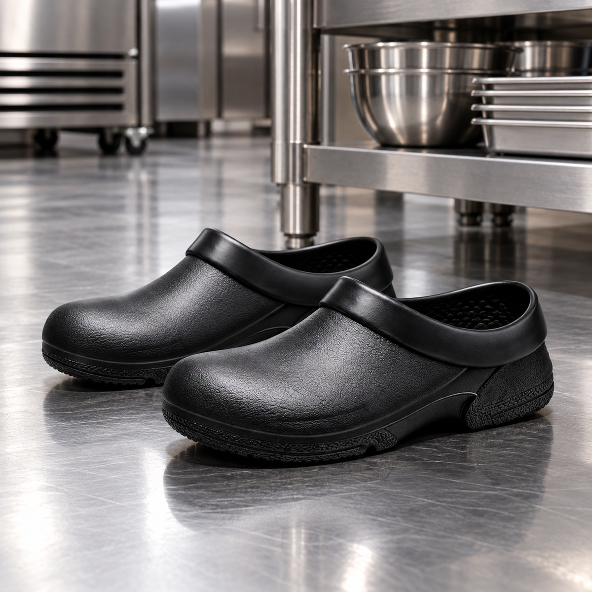 WK701 black kitchen clogs in commercial kitchen
