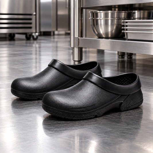 WK701 black kitchen clogs in commercial kitchen