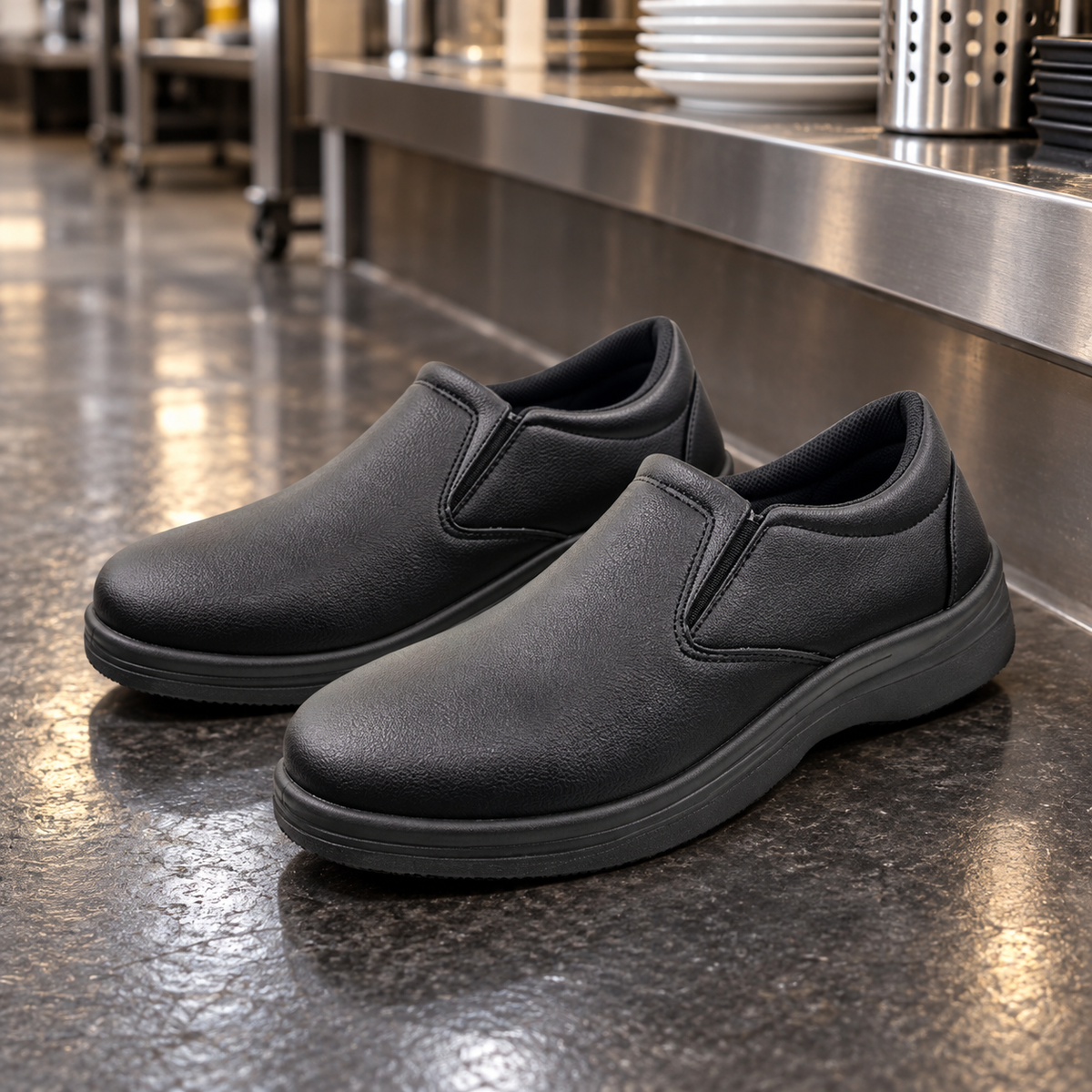 WK703 black slip-on work shoes in restaurant setting