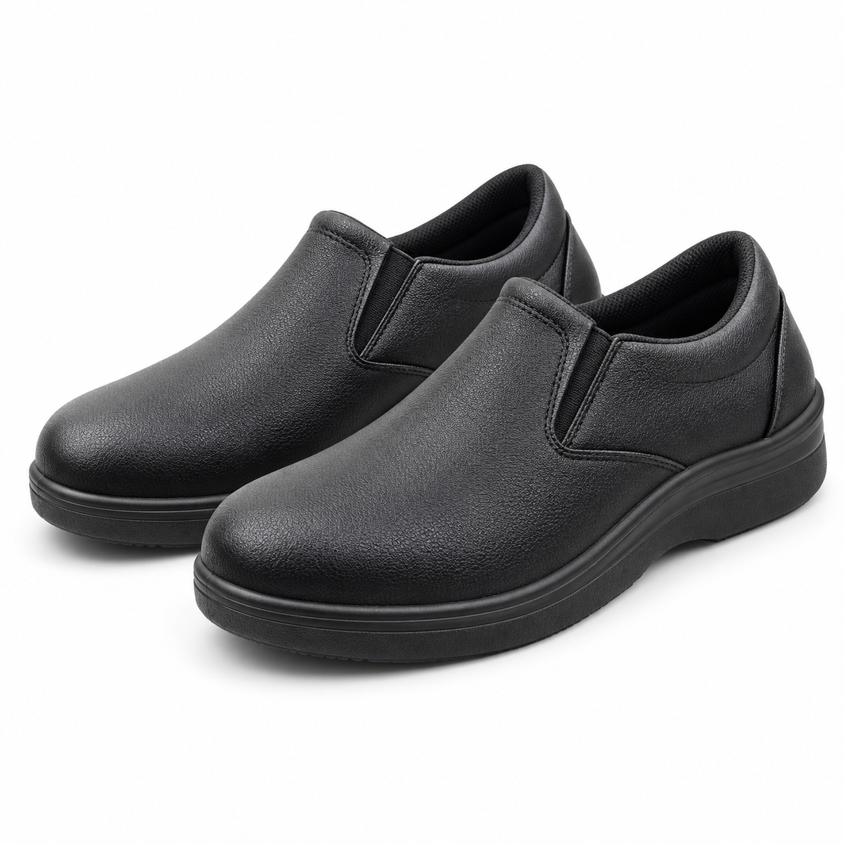 WK703 black slip-on comfort work shoes on white background
